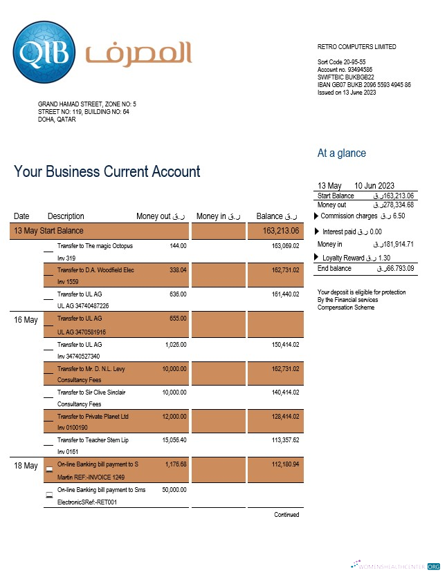 Download Qatar Islamic Bank business statement Word and PDF template Photoshop template